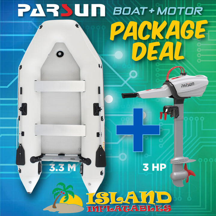3.3m ISLAND INFLATABLE BOAT WHITE OR GRAY + 3hp PARSUN ELECTRIC OUTBOARD MOTOR